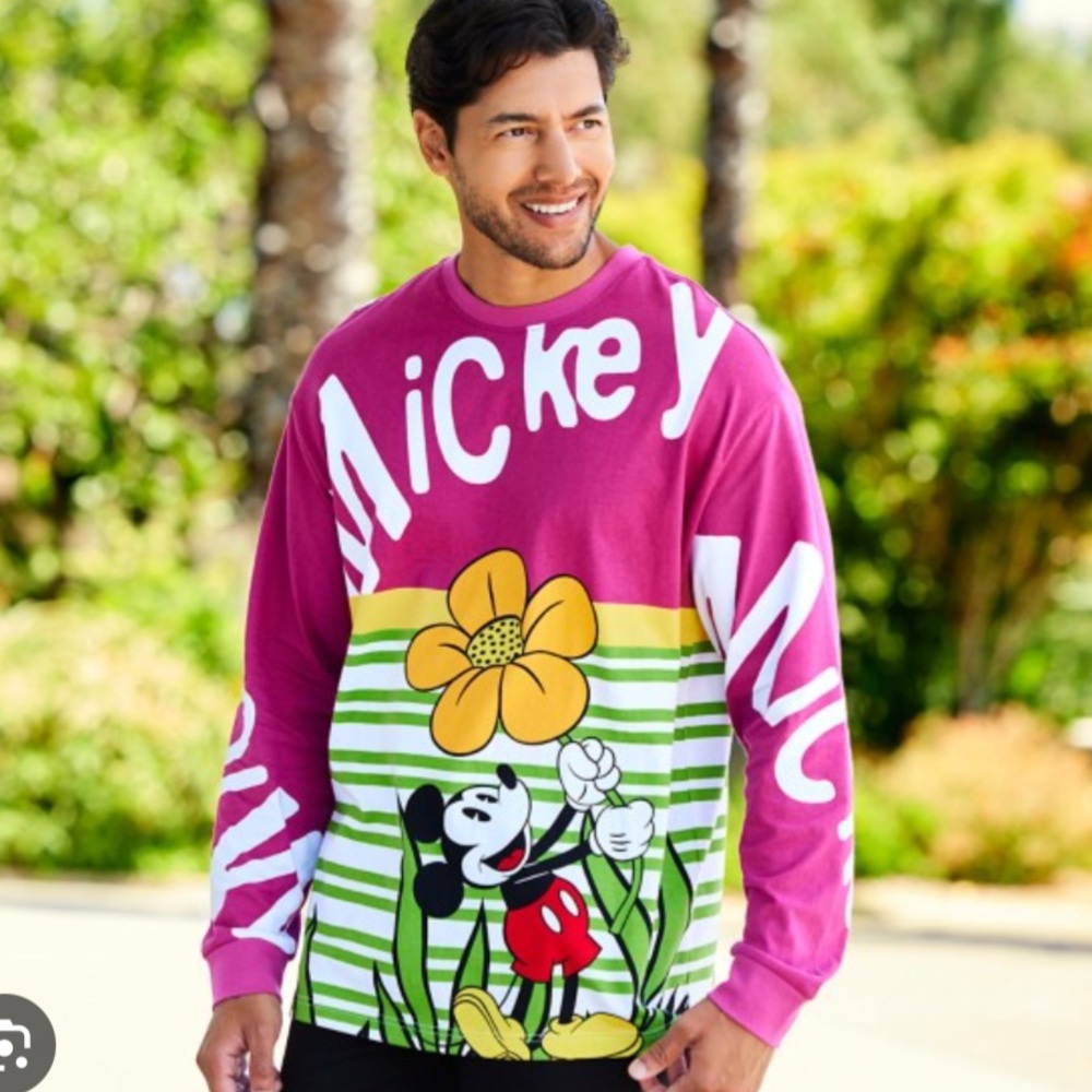 Disney Parks Mickey Mouse Pink Green Stripe Yellow Flower Long Sleeve Jersey XS